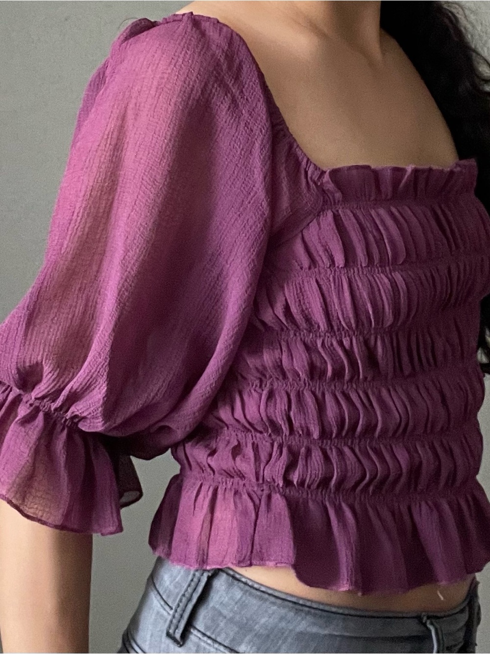 Urban Outfitters Smocked Square-Neck Puff Sleeve Top - Plum